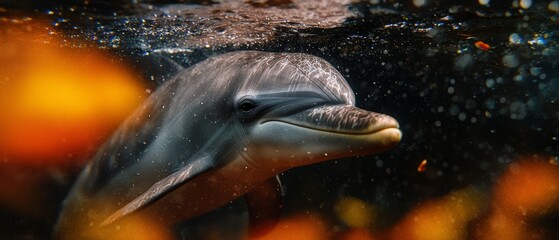 Canvas Print -  A tight shot of a dolphin submerged in blue water, surrounded by oranges and various objects in the backdrop