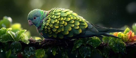 Wall Mural -  A tight shot of a bird perched on a tree branch, adorned with nearby flowers in sharp focus, while the background softly blurs