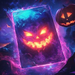 Wall Mural - Enigmatic Halloween card with glowing pumpkin design