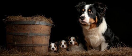 Canvas Print -  A black-and-white dog sits next to three puppies, near two barrels of hay