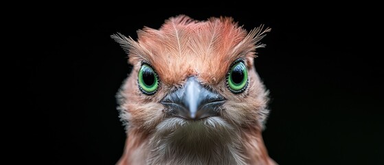 Wall Mural -  A tight shot of a bird's face The bird boasts a vibrant green eye, contrasting against the backdrop of a pitch-black background