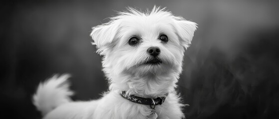 Canvas Print -  A black-and-white image of a small white dog gazing intently at the camera with a serious expression