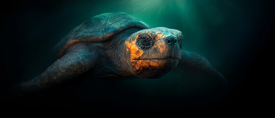 Canvas Print -  A tight shot of a turtle's face, illuminated by a light above, casting shadows on its head and neck