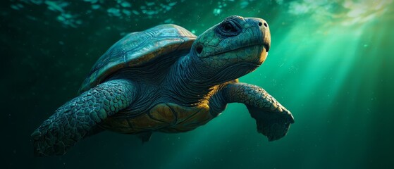 Canvas Print -  A tight shot of a turtle submerged in water, sunlight filtering through and illuminating its back