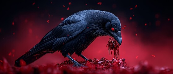 Poster -  A raven with crimson eyes perches atop a mound of scarlet foliage, its beak stained maroon