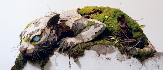 Wall Mural -  A sculpture of a cat with moss emerging from its mouth and eyes atop a pristine white wall