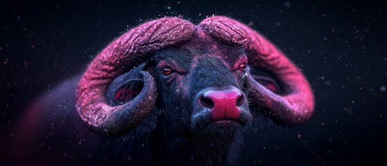 Poster -  A tight shot of a ram's head, displaying large curved horns and a pink circular marking encircling its nostrils