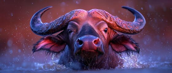 Sticker -  A tight shot of a bull submerged in water, its massive horns breaking the surface, with droplets cascading down its face