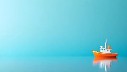 Vibrant toy boat drifting serenely on tranquil water with a clear blue backdrop