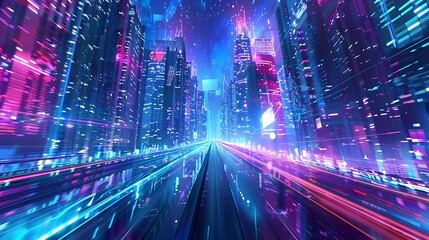 Wall Mural - A vibrant, futuristic cityscape with neon lights and a dynamic perspective of a high-speed train track.