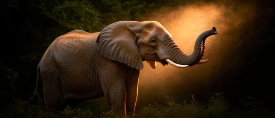 Canvas Print -  An elephant, possessing tusks, stands in a field amidst trees A radiant light sources from behind