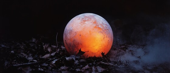 Wall Mural -  An egg atop a mound of leaves, near a radiant orange glow, in the dead of night