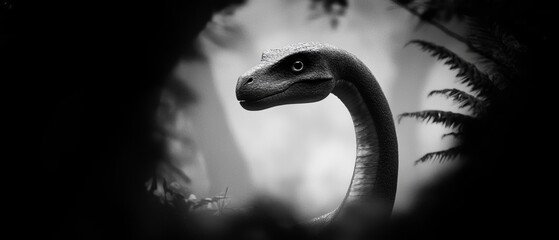 Wall Mural -  A monochrome image of a dinosaur head in the foreground, illuminated against a dark backdrop, surrounded by ferns An additional monochrome image of a