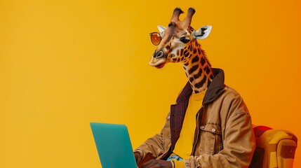 Wall Mural - A giraffe with a human body is working on a laptop against a bright orange background.