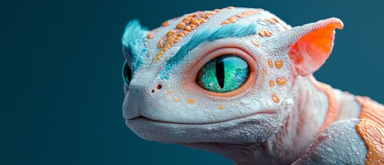 Poster -  A toy animal with a blue-orange face and one green eye, depicted in a tight shot