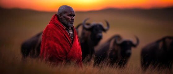 Canvas Print -  A man in a red robe stands before a herd of long-horned animals at sunset The sun sets behind, casting an orange hue on the scene