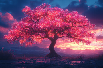 Wall Mural - a tree with branches that are made of glowing neon lights, blending nature with modern technology.