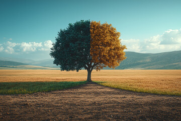 Wall Mural - a tree split down the middle, with one side lush and green and the other side bare and leafless, rep