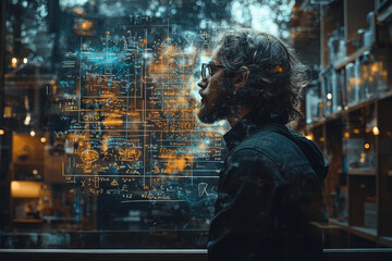 Canvas Print - A teacher's figure merging with a chalkboard and equations, illustrating the impact of education through double exposure.