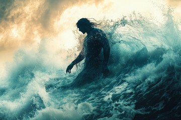 Canvas Print - A surfer's figure interwoven with ocean waves, reflecting the fluidity of movement and the power of nature through double exposure.