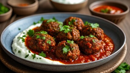 Wall Mural -  Delicious meatballs in a rich tomato sauce served with a creamy side