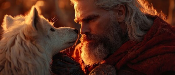 Canvas Print -  A bearded man with white hair kisses a white dog Forest backdrop glows with orange lights