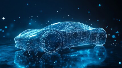 Wall Mural - A futuristic sports car, rendered in a digital, wireframe style with blue glowing lines.