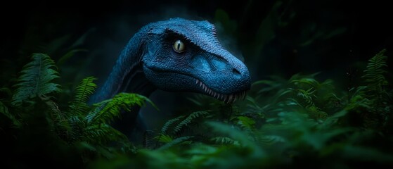 Poster -  A tight shot of a dinosaur's face amidst a verdant forest of plants, contrasting against a dark backdrop