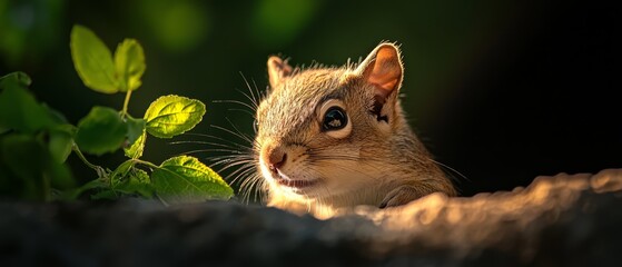 Sticker -  A tight shot of a squirrel gazing at the camera, holding a leaf in the foreground A plant is visible in the background