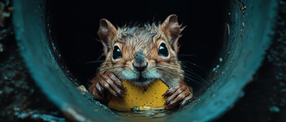 Canvas Print -  A rodent, in a tight focus, clutches a morsel in its jaws, gaze fixed on the tunnel's exit