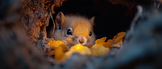 Canvas Print -  A tiny rodent emerges from a tree hole, encircled by yellow leaves