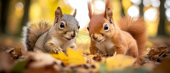  Two squirrels atop a leafy mound on the forest floor