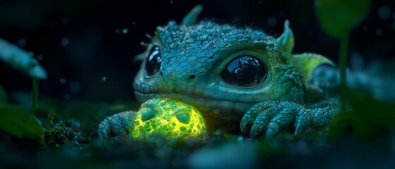 Poster -  A tight shot of a frog holding a ball in its mouth, accompanied by water beads on its face