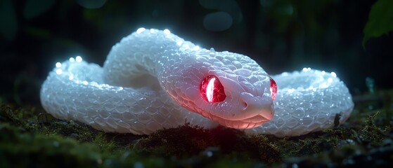 Poster -  A tight shot of a white snake on the ground, head tilted to the side, eyes radiating red