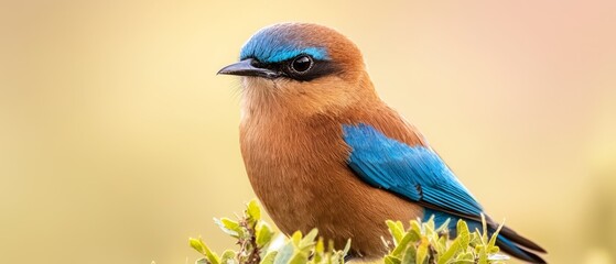 Poster -  A small bird, blue and brown in hue, perches on a green tree branch with a softly blurred background