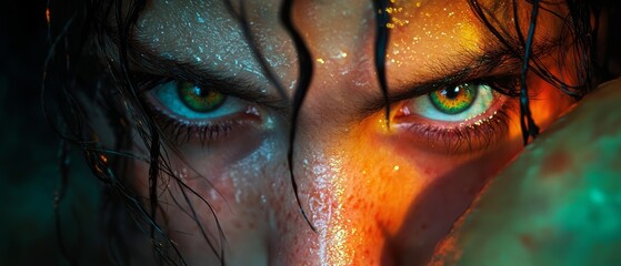 Canvas Print - droplets of water glistening on skin Green eyeliner winged out, orange trace below lash line