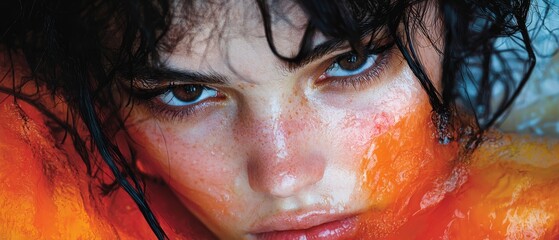 Canvas Print -  A tight shot of a woman's face adorned with freckles, accompanied by the same sprinkling of freckles on her body