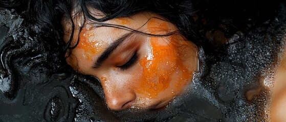 Wall Mural -  A tight shot of a person submerged in water, oranges decorating their faces, water droplets cascading down their hair