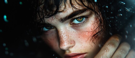 Sticker -  A tight shot of a woman's face, adorned with droplets of water, as she places her hands on it