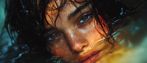 Sticker -  Close-up of a woman's face with freckles scattered across it and wet hair cascading down