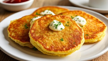 Sticker -  Delicious golden pancakes with a dollop of cream and a sprinkle of herbs ready to be savored