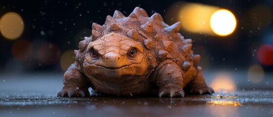 Canvas Print -  A close-up of a toy dinosaur on a surface with softly blurred lights in the background, and a shallow depth of field creating a blurry foreground of lights