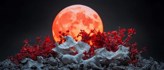 Canvas Print -  A full moon sits behind, contrasting with red and white flowers in the foreground on a dark backdrop