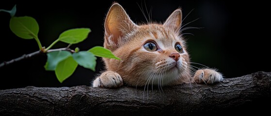 Sticker -  A cat closely perched on a tree branch, surrounded by green, leafy foliage in the foreground against a backdrop of pure black