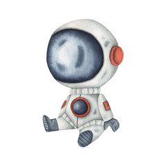 Wall Mural - Space watercolor hand-drawn illustration with cute little sitting astronaut in a space suit and helmet. Cartoon element for kids