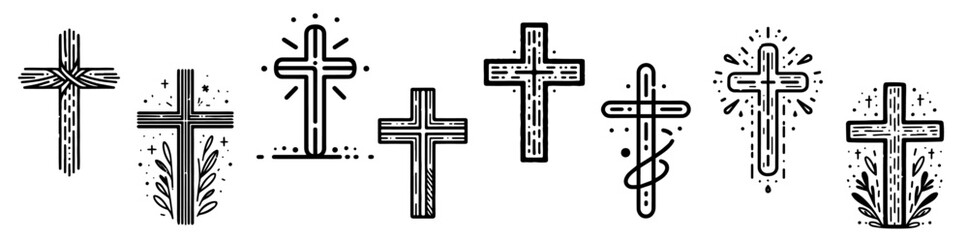 Wall Mural - black and white vector set of christian cross drawings in multiple hand-drawn styles