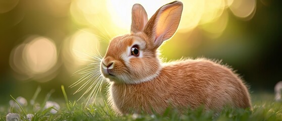 Wall Mural -  A rabbit, closely framed, amidst tall grass Sunlight filters through surrounding trees