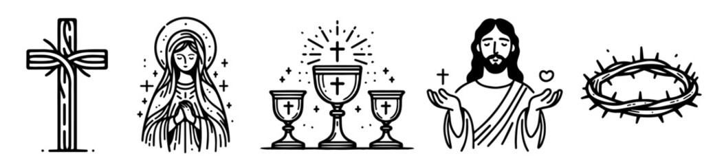 hand-drawn religious chalices featuring cross designs and communion elements in black and white vector