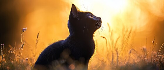 Canvas Print -  A black cat sits in a field of tall grass, gazing upward at the sun-dappled sky