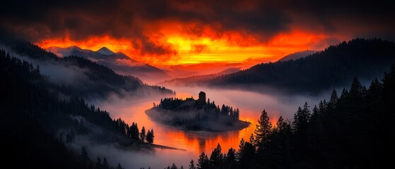 Wall Mural -  In a forest, a tranquil lake encircled by trees, as sunset cast an amber glow, and clouds painted the sky